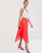 Liquorish Midi Skirt With Pleated Overlay In Bright Coral-pink