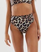 Miss Selfridge Exclusive High Waisted Bikini Bottoms With Belt In Leopard Print - Beige