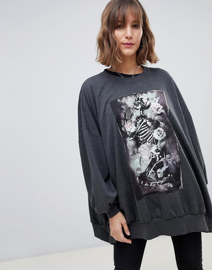Religion Oversized Graphic Sweat With Praying Skeleton - Gray