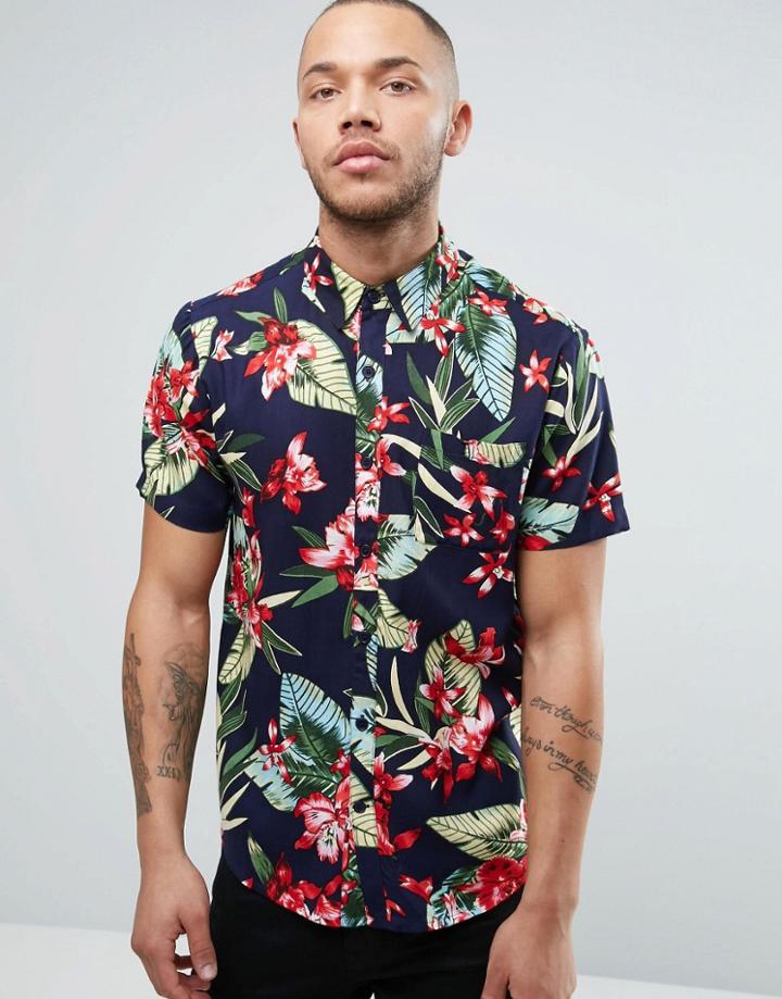 Another Influence Bright Palm Shirt - Navy