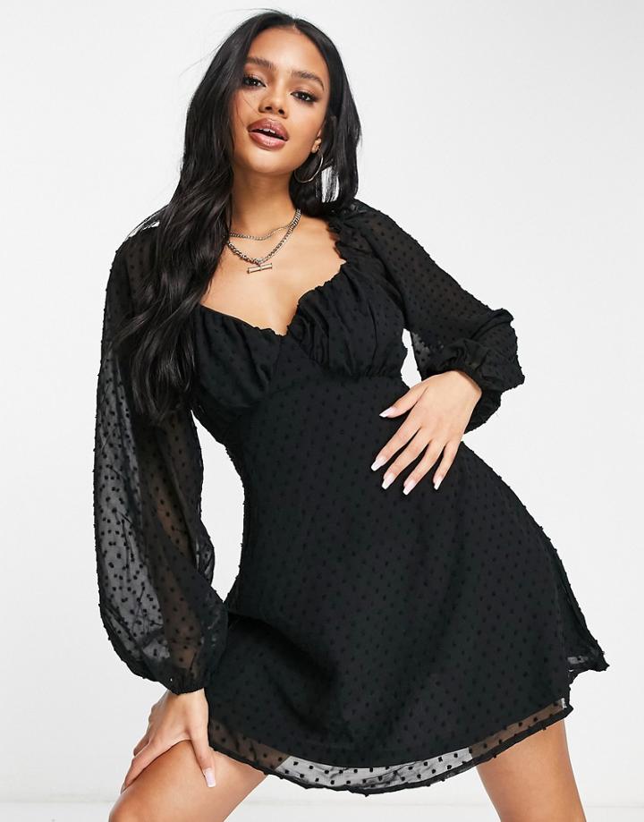 Missgudied Milkmaid Textured Mini Skater Dress In Black