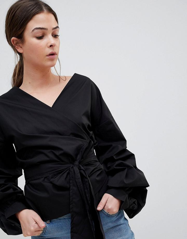 Qed London Exaggerated Sleeve Wrap Top - Black