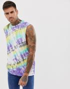 Asos Design Relaxed Sleeveless T-shirt With Dropped Armhole In Diagonal Tie Dye In Yellow - Multi