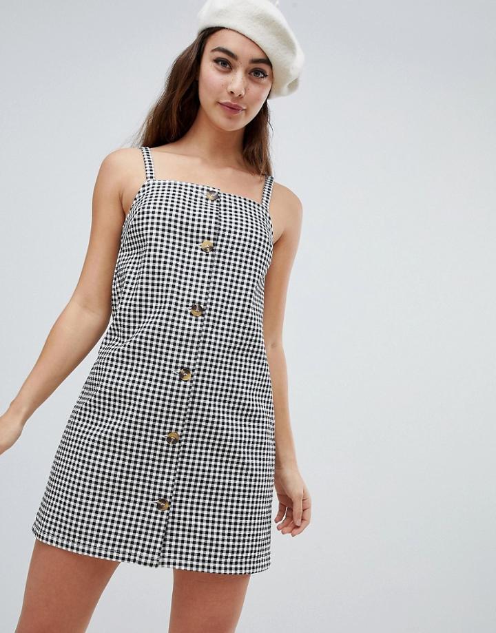 Asos Design Denim Button Through Mini Dress In Check-multi