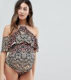 Asos Design Maternity High Neck Off Shoulder Swimsuit In Geo-tribal Print - Multi