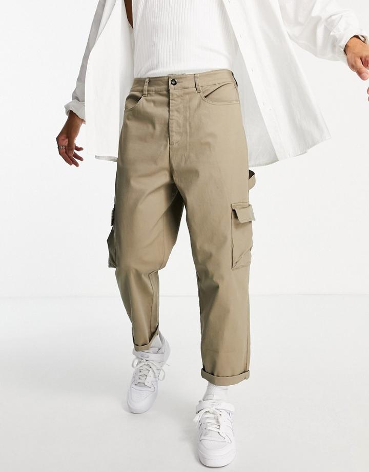Asos Design Cargo Wide Leg Pants In Light Khaki-green