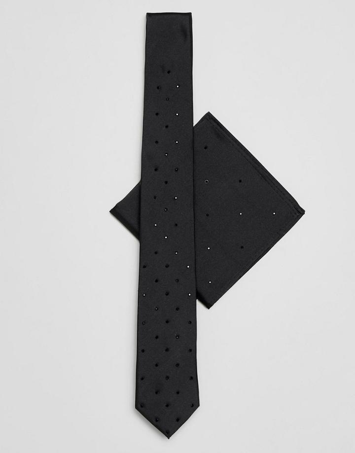Burton Menswear Embellished Tie And Pocket Square Set In Black - Black