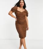 Asos Design Curve Sweetheart Neck Mesh Ruched Midi Dress In Chocolate-green