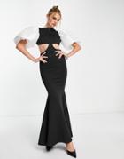 Asos Design Cut Out Satin Puff Sleeve Maxi Dress In Black