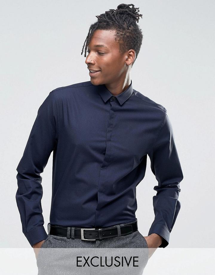 Noak Skinny Smart Shirt With Micro Collar In Tonal Check - Navy