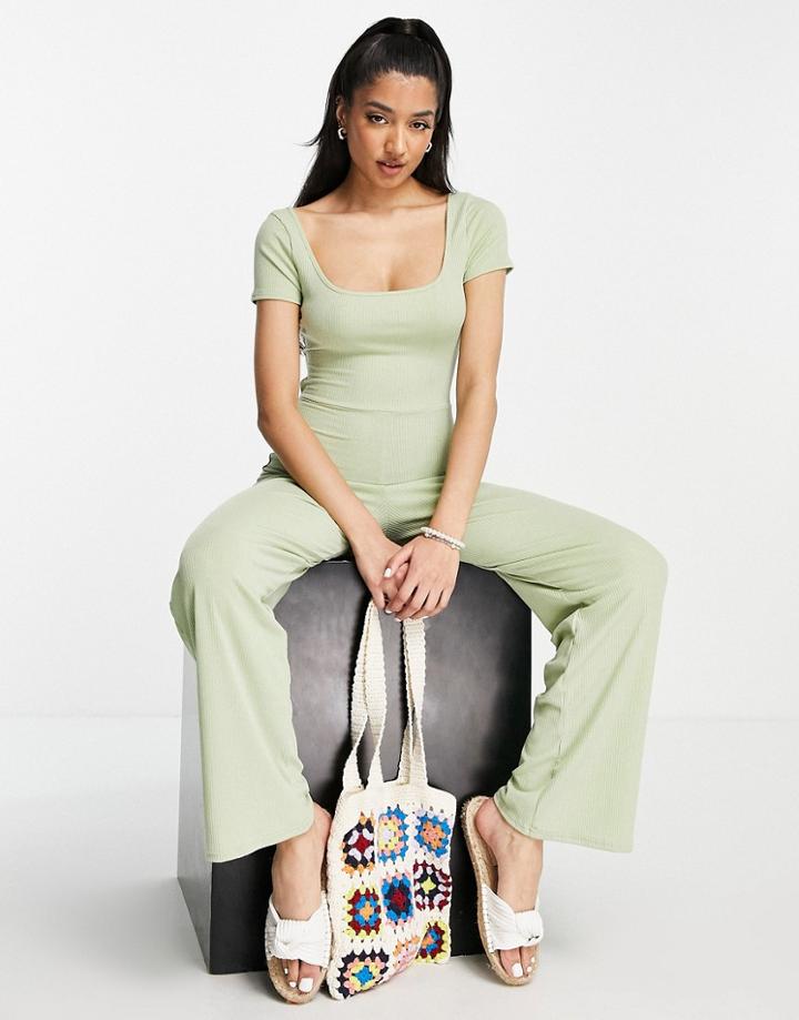 Miss Selfridge Backless Wide Leg Rib Jumpsuit In Green-black