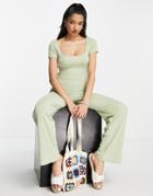 Miss Selfridge Backless Wide Leg Rib Jumpsuit In Green-black