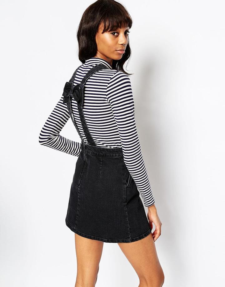Asos Denim Mini Pinafore With Bow Back In Washed Black - Washed Black
