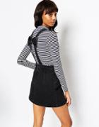 Asos Denim Mini Pinafore With Bow Back In Washed Black - Washed Black