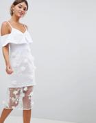 Asos Design Bardot 3d Flower Sheer Midi Pencil Dress - White
