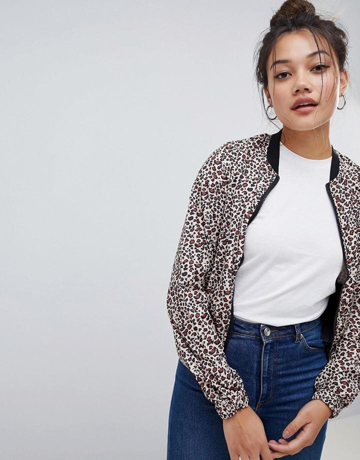 Brave Soul Leopard Print Bomber Jacket - Brown