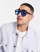 Asos Design Square Sunglasses In Black With Blue Lens And Gunmetal Detail