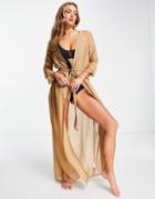 Missguided Chiffon Maxi Kimono Cover Up With Tie Waist In Tan-brown