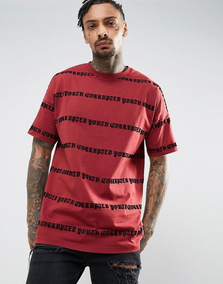 Asos Oversized T-shirt With All Over Flocked Text Print - Red
