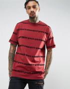 Asos Oversized T-shirt With All Over Flocked Text Print - Red