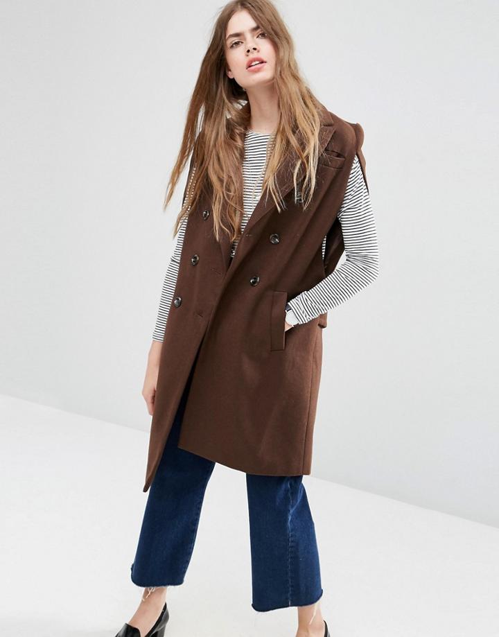 Asos Sleeveless Cape With Double Breasted Detail - Brown