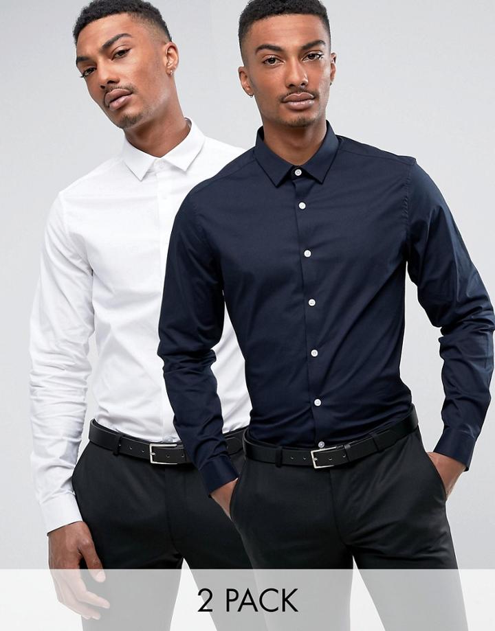 Asos Slim Shirt 2 Pack In White And Navy Save - Multi