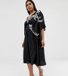 Asos Design Curve Exclusive Kimono Sleeve Midi Dress With Mono Embroidery - Black