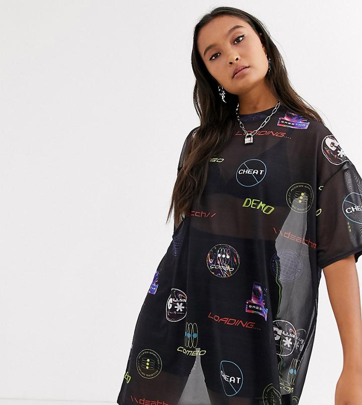 Collusion Badge Print Mesh T-shirt Dress-black