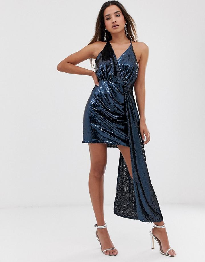 Asos Edition Drape Side Super Mini Dress In Sequin-navy