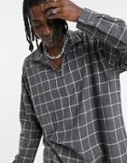 Asos Design Windowpane Check Shirt In Funnel Neck-gray