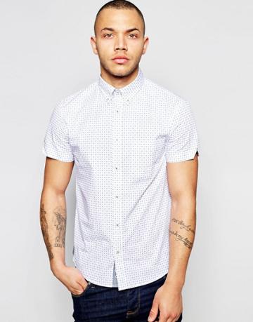 Dickens And Browne Motif Print Poplin Short Sleeved Shirt - White