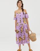 Asos Design Off Shoulder Button Through Midi Dress In Floral Print-multi