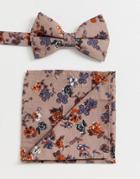 Asos Design Brown Floral Bow Tie & Pocket Square