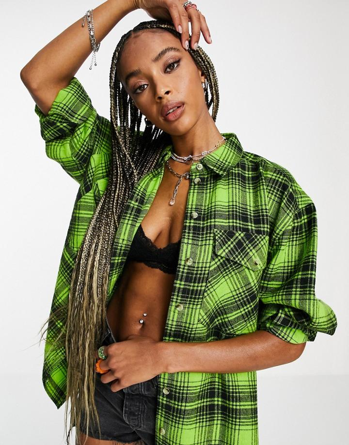 Topshop Check Oversized Shirt In Lime-green