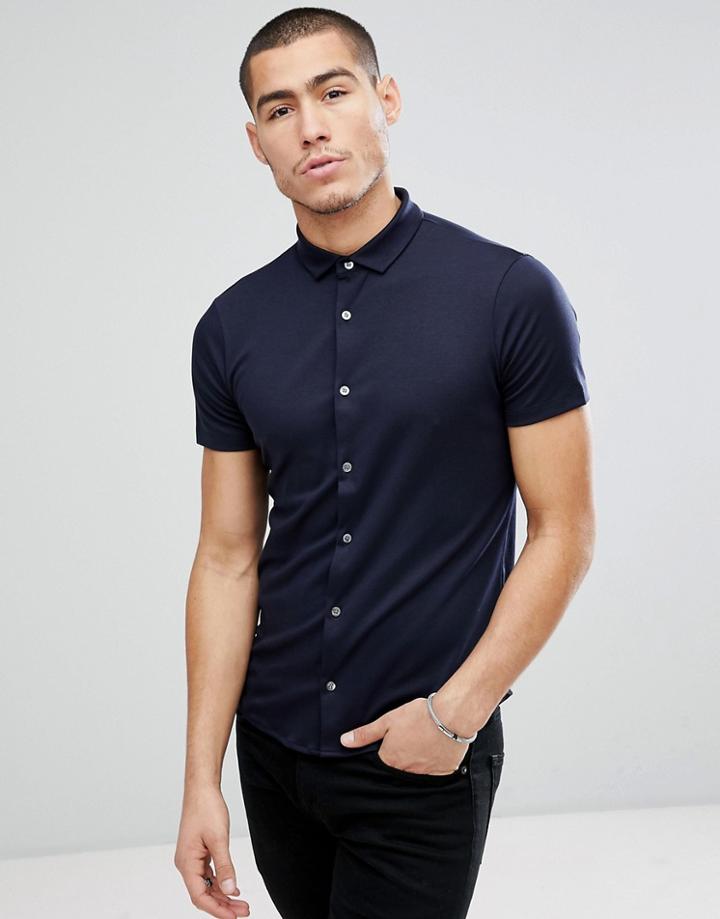 Emporio Armani Slim Fit Mercerised Short Sleeve Shirt In Navy - Navy