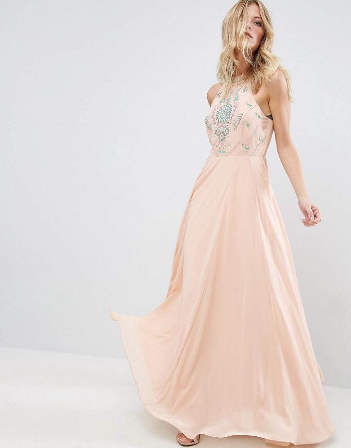 Asos Cutaway Embellished Beaded Maxi Dress - Beige