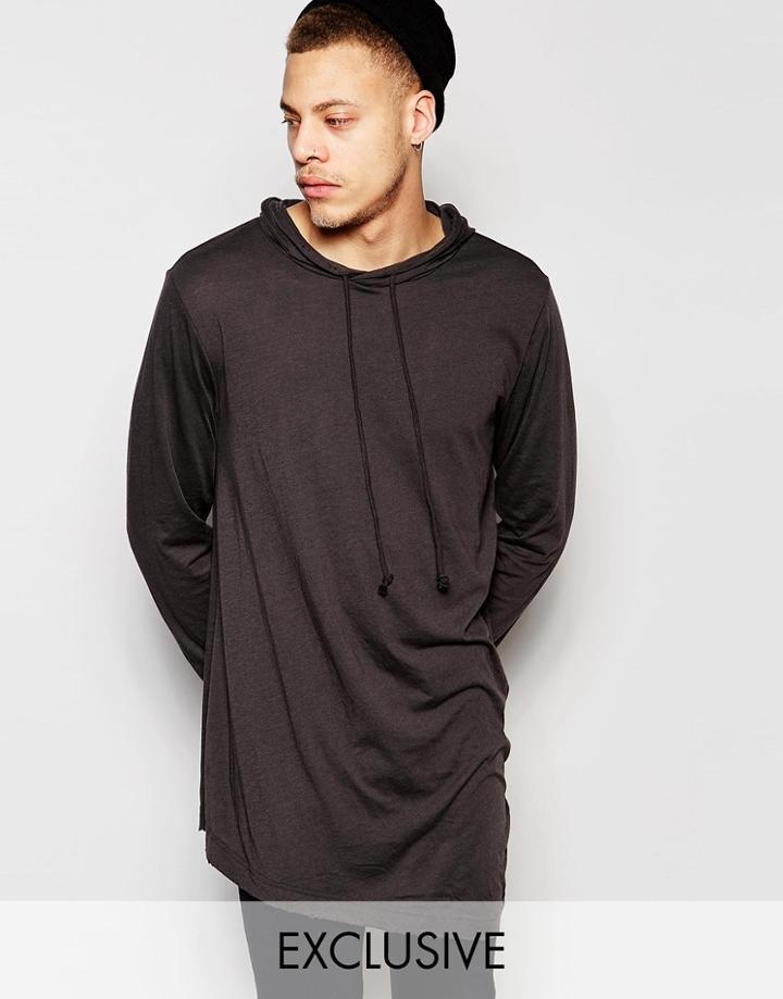 Cheap Monday Descent Angle Hem Hooded Long Sleeve Top In Distressed Black Overdye - Overdye Black