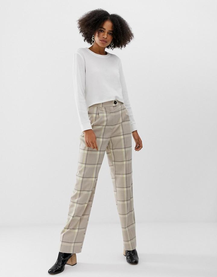 Monki Tailored Wide Leg Pants With Check Print In Beige - Beige