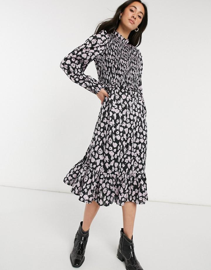 Vero Moda Midi Smock Dress With Shirred Detail In Black And Lilac Floral-multi