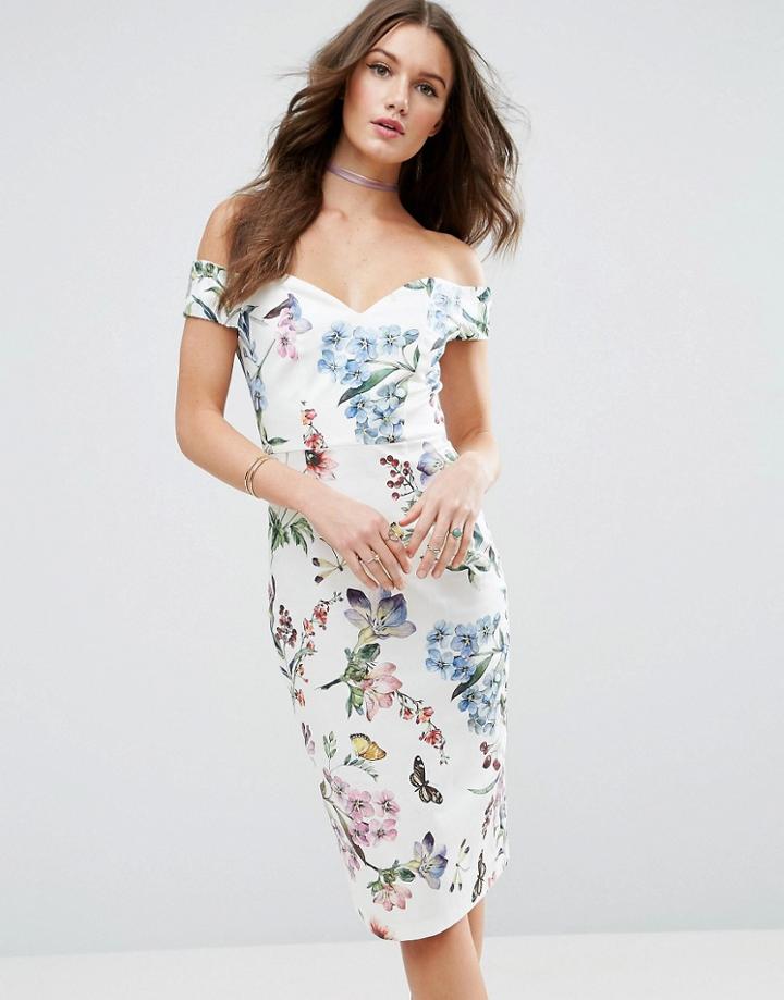 Asos Botanical Floral Bardot Pencil Midi Dress - Multi