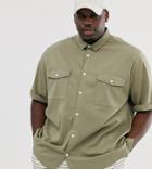 Asos Design Plus Regular Fit Utility Shirt In Khaki-green