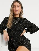 Asos Design Shirred Bodice Long Sleeve Romper In Dark Floral-multi