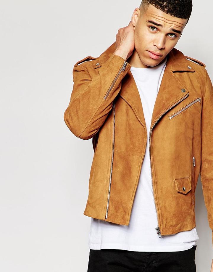 Asos Suede Biker Jacket With Fringing - Tan