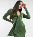 Asos Design Tall Satin Shirt Mini Dress With Tie Front In Forest Green-multi