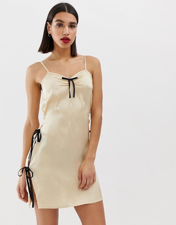 Prettylittlething Valentines Satin Cami Dress With Side Ties In Cream - Cream