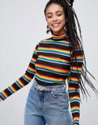 Monki Rainbow Stripe Roll Jersey Top In Black - Multi