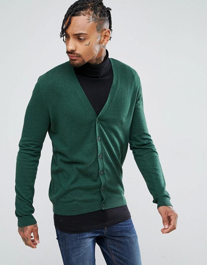 Asos Cotton Cardigan In Bottle Green - Green