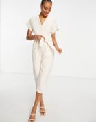 Closet London Wrap Waist Kimono Sleeve Jumpsuit In Beige-neutral