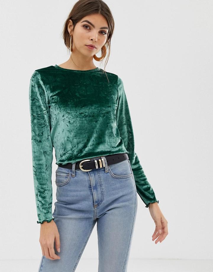 Asos Design Velvet Lettuce Edge Top With Long Sleeve-green