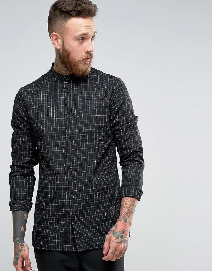 Hoxton Shirt Company Slim Grandad Smart Shirt In Check - Black